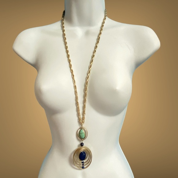 CHICO'S Long Turquoise Blue Gold Tone Long Necklace - Picture 1 of 7